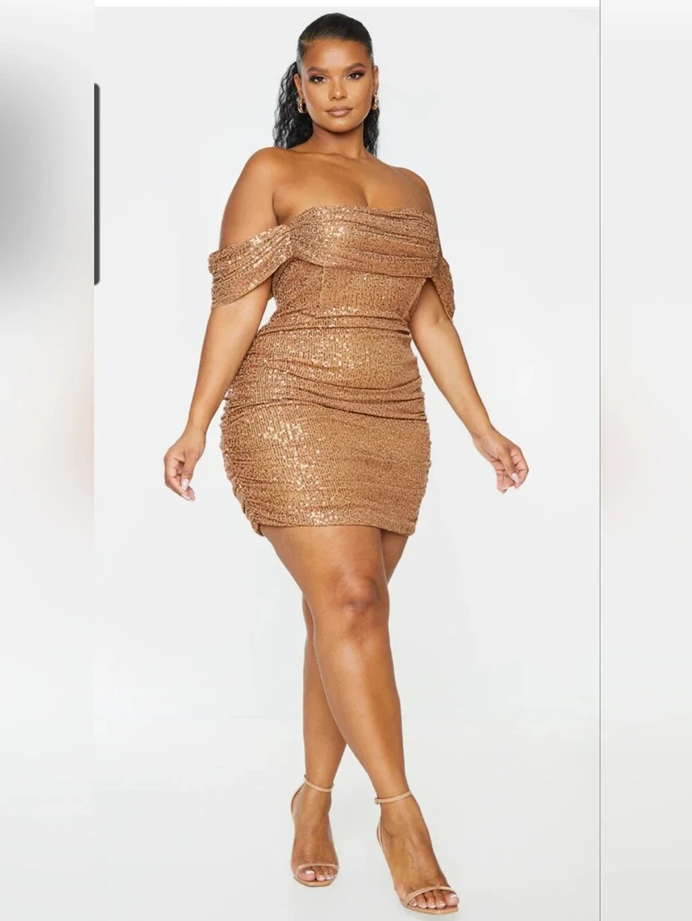 PrettyLittleThing Bronze Sequin Draped Mini Dress - Picture 1 of 6